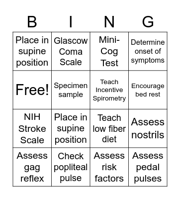 Neuro Nursing Interventions Bingo Card