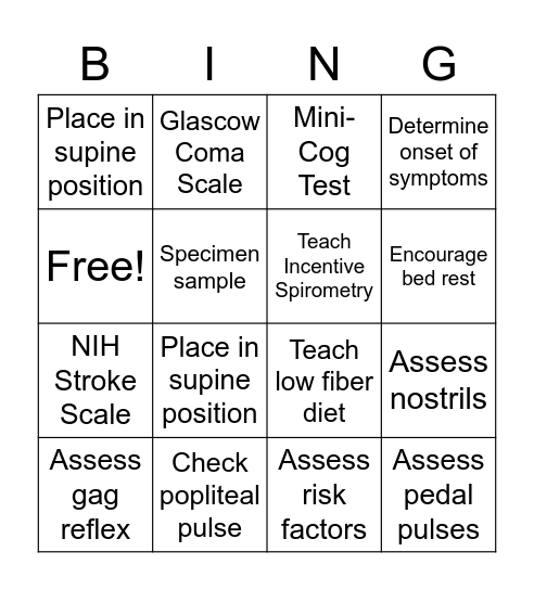 Neuro Nursing Interventions Bingo Card