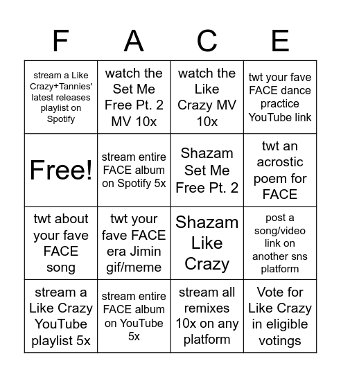 FACE Bingo Card