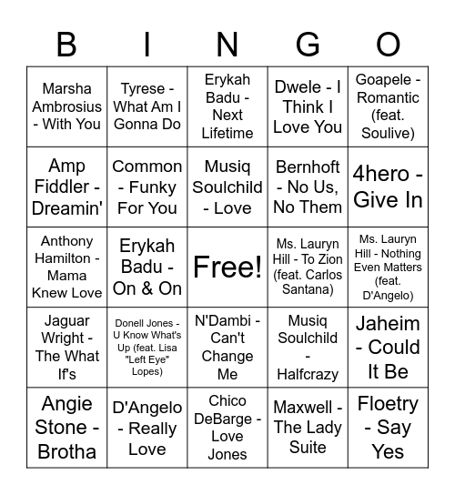 I Love My Neo-Soul Bingo Card