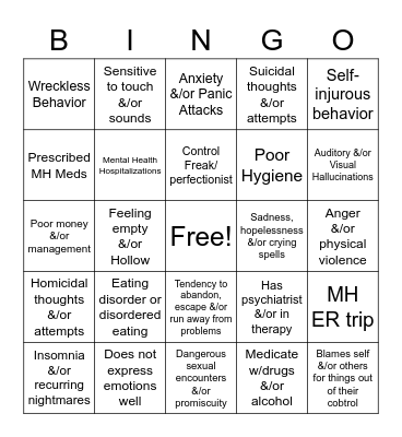 Mental Illness Bingo Card