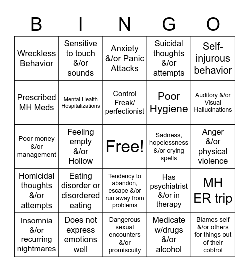 Mental Illness Bingo Card