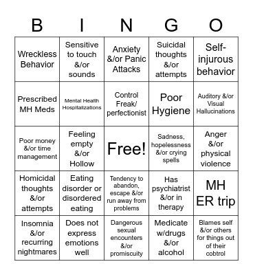 Mental Illness Bingo Card