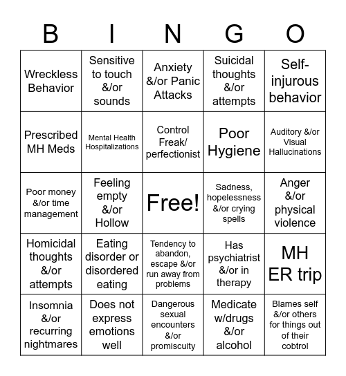 Mental Illness Bingo Card