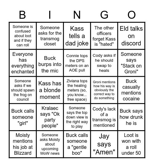 Misclicked Raid Night Bingo Card