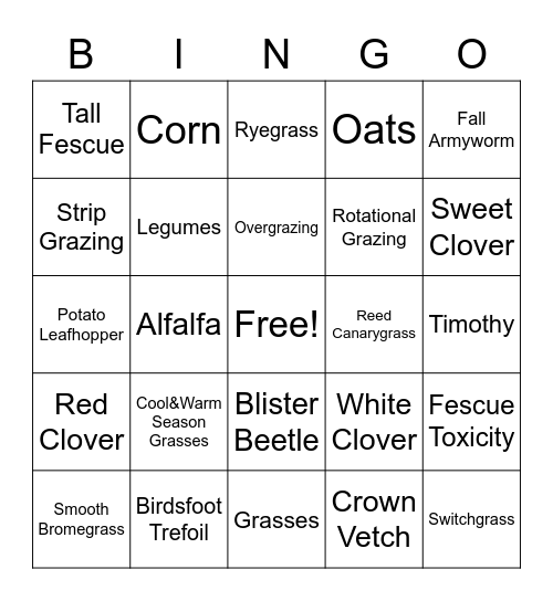 Ag 2 Forage Bingo Card