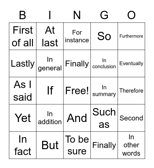 Transition Words Bingo Card