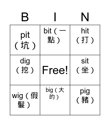 DG3L2 Phonics -ig -it Bingo Card