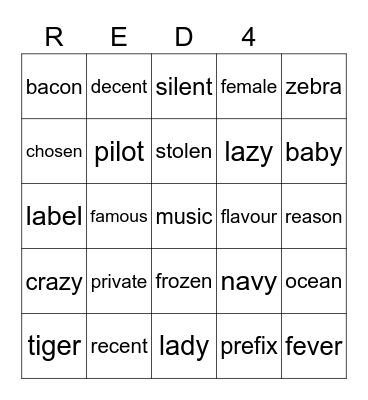 Red 43 Bingo Card