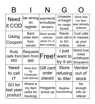 Customer Service Bingo Card