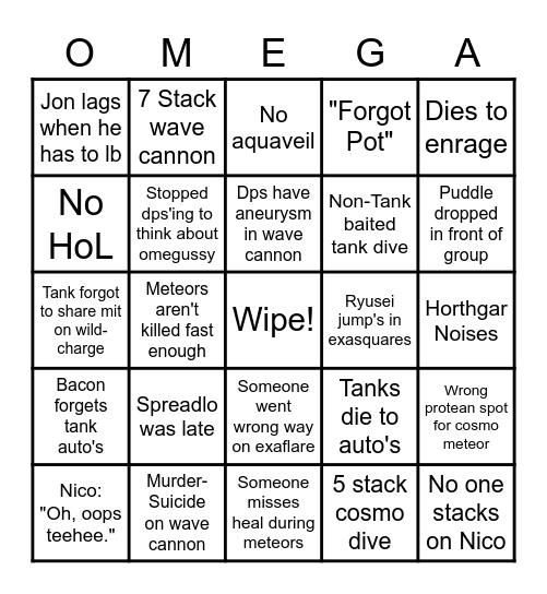 Injury Bingo Card