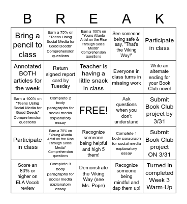 Pre-Spring Break Bingo Card