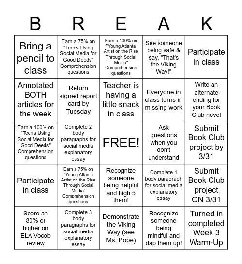 Pre-Spring Break Bingo Card
