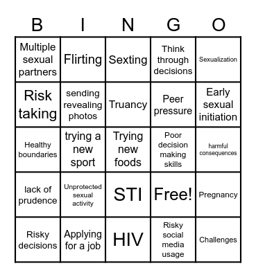 Risky Behaviour Bingo Card