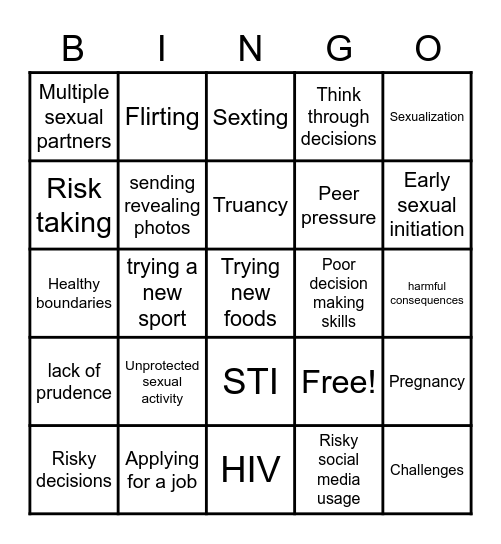 Risky Behaviour Bingo Card