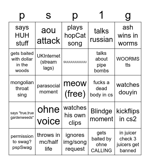 The psp1g stream bingo Card