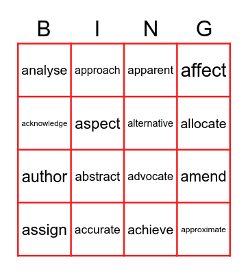 Academic Vocabulary Bingo Card