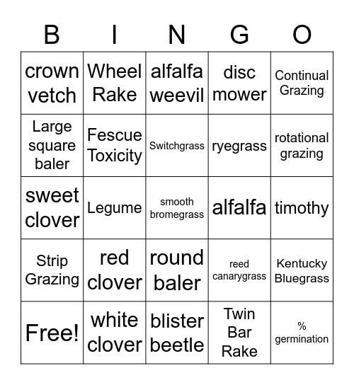 Ag 2 Forage Bingo Card