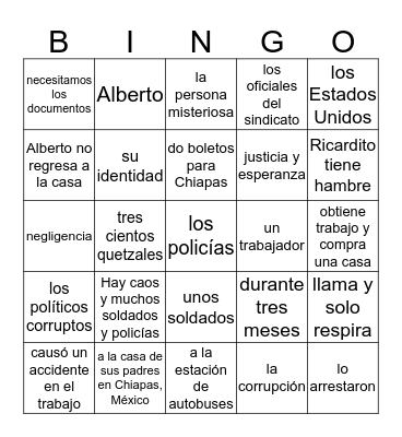 Esperanza 1-5 questions Bingo Card