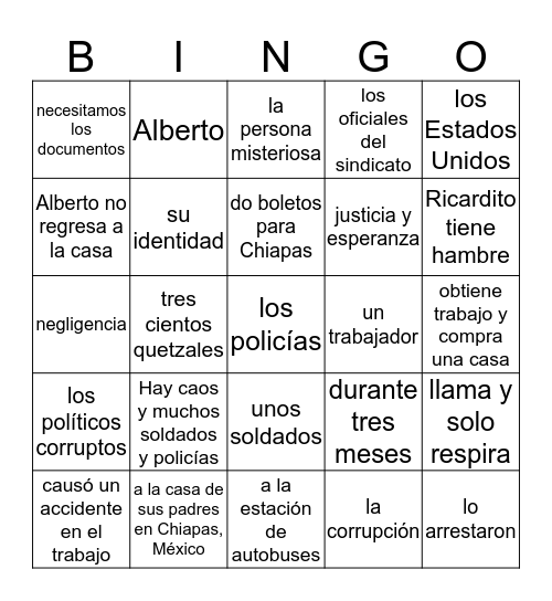 Esperanza 1-5 questions Bingo Card