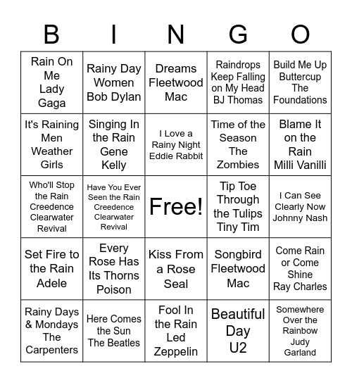 SPRINGTIME SONGS Bingo Card