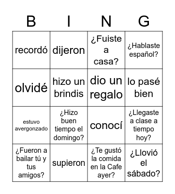 Preguntas con el pretérito Bingo Card