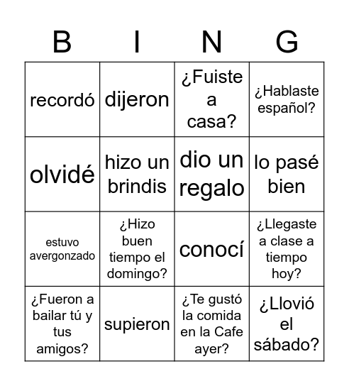 Preguntas con el pretérito Bingo Card