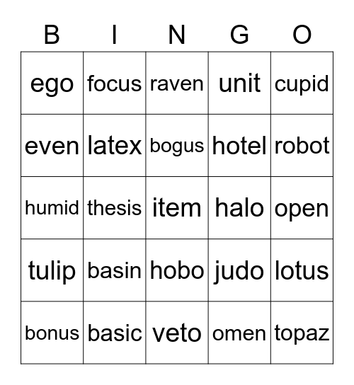 Open/Closed Syllable Bingo Card