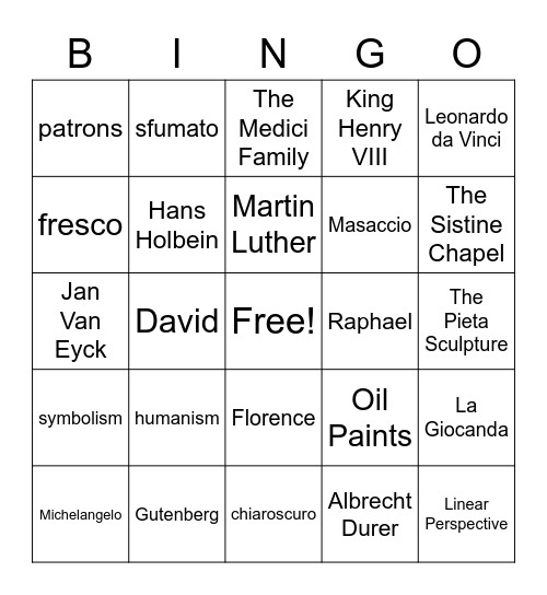 Renaissance Bingo Card