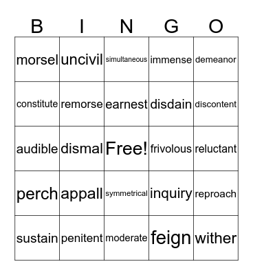 vocabulary Bingo Card