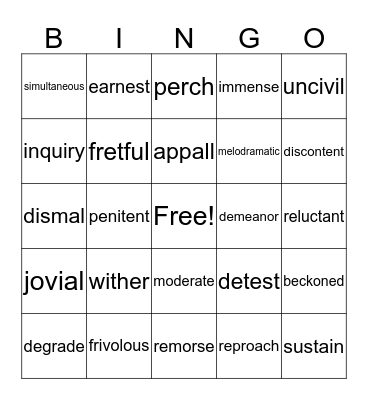 vocabulary Bingo Card