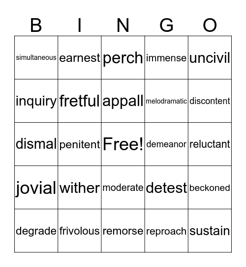 vocabulary Bingo Card