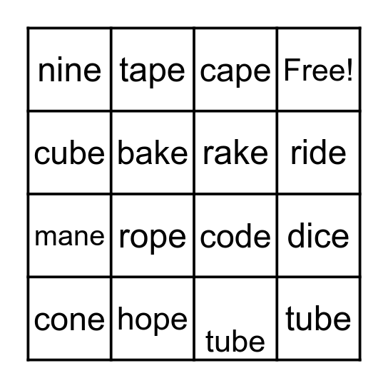 Silent e Bingo Card