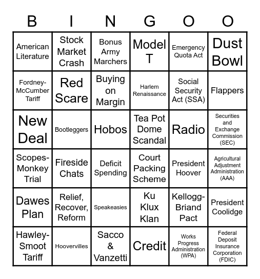 Unit 11 Exam Bingo Card