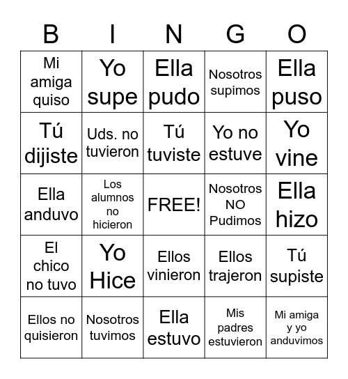 Irregular Preterite Bingo Card