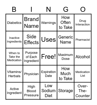 Medication Education Bingo Card