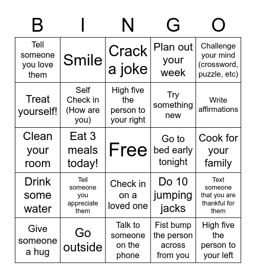 Wellness Wednesday BIngo Card