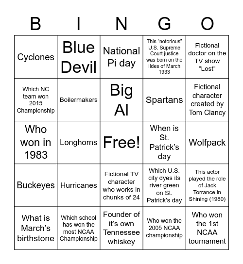 March Madness Bingo Card