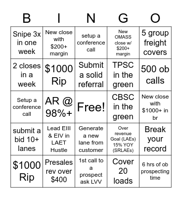 Freight Bingo Card