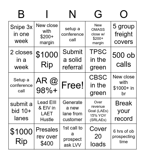 Freight Bingo Card