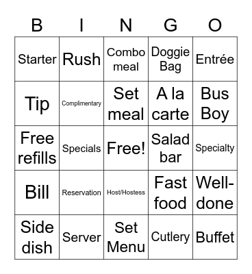 Eating at Restaurants - Vocab Bingo Card