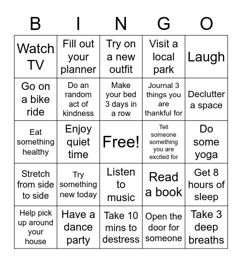 Wellness Wednesday Bingo Card