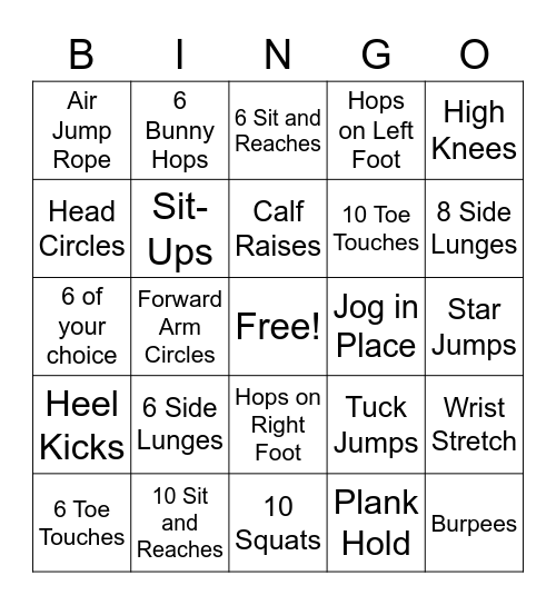 3-5 Exercise Bingo Card