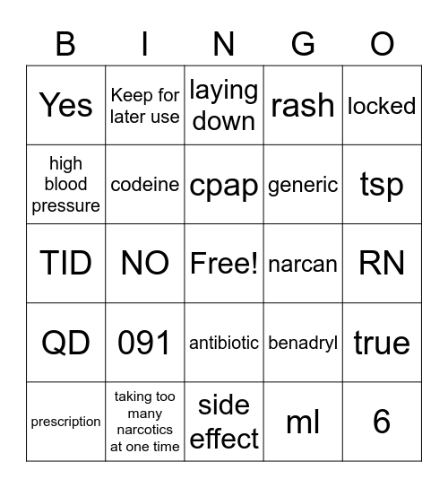 Medication Bingo Card