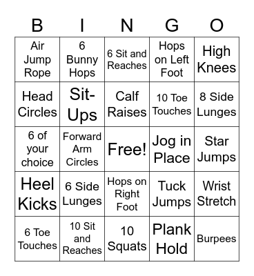 3-5 Exercise Bingo Card
