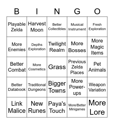 Tears of the Kingdom Wishlist Bingo Card