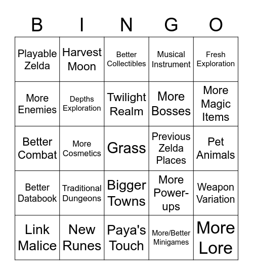 Tears of the Kingdom Wishlist Bingo Card