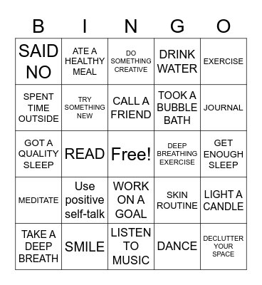 Mental Health Bingo Card