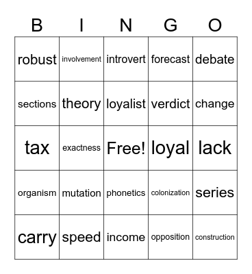 ISIP Vocabulary Bingo Card