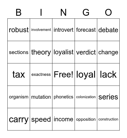 ISIP Vocabulary Bingo Card